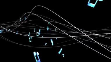 soyut satırıyla akan 3d kesintisiz müzik notlar izole siyah arka plan üzerinde ayarlayın. 4 k ultra hd döngü içinde sorunsuz animasyon
