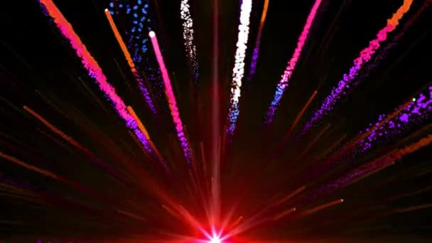 Animazione senza soluzione di continuità di astratto colorato luce rossa palla di fuoco e fuochi d'artificio sparando nel cielo e con elemento brillante traccia particella in sfondo nero in loop 4k ultra HD — Video Stock