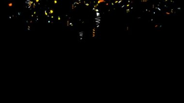 Animasyon renkli kağıt, bükülmüş şerit ve tatil parti reklam ve kutlama dekorasyon konsepti siyah izole arka plan 4 k için düşen eleman parçacık ultra Hd