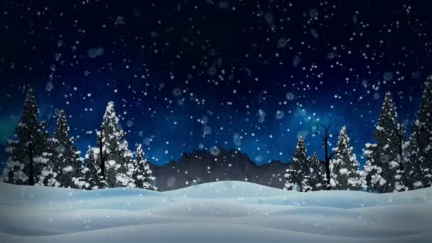     Animáció zökkenőmentes fehér havas és a hó a téli tájon, száraz és a karácsonyfák és a hegyi háttér és a hópelyhek esett hó kék ég havas koncepció-4 k 
