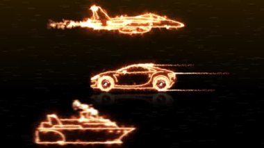     Yangın ulaşım araba gemi ve jet uçağı ile siyah arka plan üzerine ışık demeti wireframes soyut animasyon. Ulaşım araç hareket grafik teknolojisi vurgulamak. 