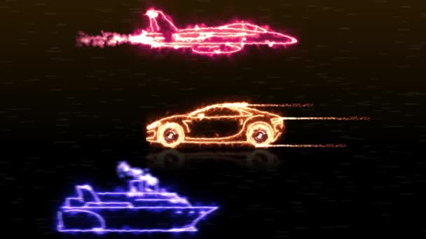 Animación abstracta de la nave de transporte de color del coche y avión jet hecho con wireframes de haz de luz sobre fondo negro. Resalte la moderna tecnología de diseño gráfico de movimiento de vehículos de transporte — Vídeos de Stock