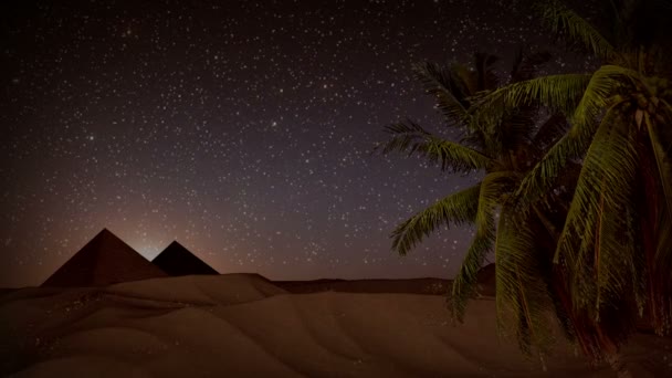 Seamless animation desert sand storm at night with palm trees, shining stars, and pyramids background landscape with sand hills desert in 4k ultra HD — Stock Video