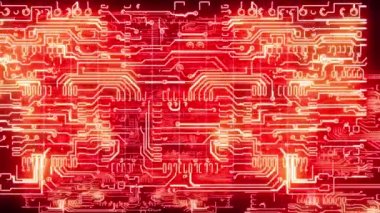 3d hareket grafik animasyon kırmızı parlayan, elektrik elektronik arka plan deseni ile elektrik devresi şeklinde hareket ışık ve 4 k fütüristik konsept ultra Hd döngü sorunsuz