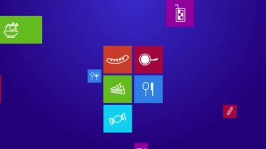 Trendy bilgisayar veya mobil uygulama app programı animasyon arka planda renkli geometrik kare blok pencere 4k düz gıda ve Restoran Menü inceleme simgesinin ultra hd