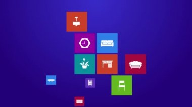 Trendy bilgisayar veya mobil uygulama app programı animasyon renkli geometrik kare blok penceresinin arka plan daire ev aletleri mobilya ve iç dekorasyon aracı simgesini ayarla 2 4 k'dan ultra hd