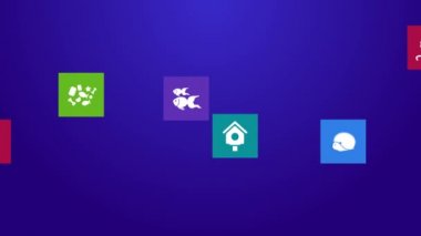 Trendy bilgisayar veya mobil uygulama app programı animasyon düz evde beslenen hayvan hayvan ve aksesuarları Nesne simge menü renkli geometrik kare blok pencere arka planda 4k ultra hd