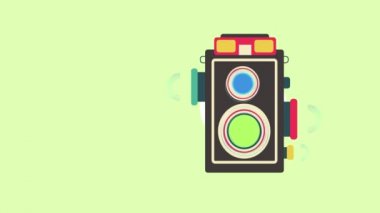 Radyo, hoparlör amplifikatör, çağrı cihazı ve film kamera fotoğraf 4 d ultra Hd hareket grafik başlığında tanıtımı için gibi eski retro Multimedya telekomünikasyon teknolojinin düz animasyon
