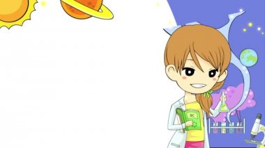 Çizgi film animasyon arka plan şablonu laboratuvarda astronomi temsil eden soyut ve bilim simge aracı ile deneme kadın bilim adamı fizik kimya 4k çocuk eğitim için ultra Hd