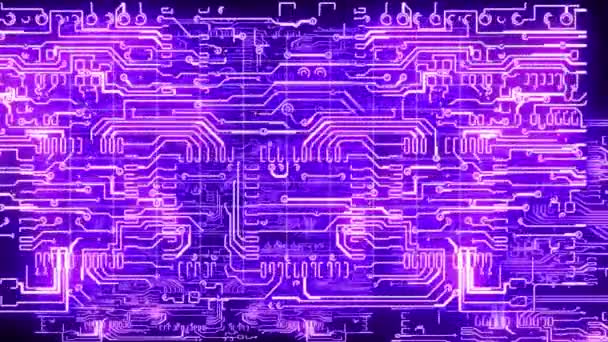 Animação gráfica de movimento 3D sem costura de movimento de luz de eletricidade roxo brilhante em forma de circuito elétrico com padrão de fundo abstrato em conceito eletrônico e futurista em 4k ultra HD loop — Vídeo de Stock