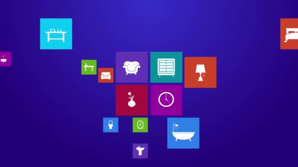 Trendy Computer oder mobile Anwendung App-Programm Animation von flachen Haushaltsgeräten Möbel und Innendekoration Werkzeug-Symbol in bunten geometrischen quadratischen Block-Fenster Hintergrund in 4k ultra hd — Stockvideo