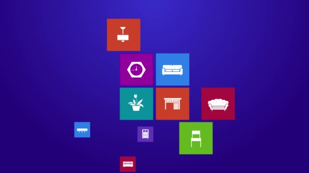 Trendy Computer oder mobile Anwendung App-Programm Animation von flachen Haushaltsgeräten Möbel und Innendekoration Werkzeug-Symbol in bunten geometrischen quadratischen Block Fenster Hintergrund Set 2 in 4k ultra hd — Stockvideo