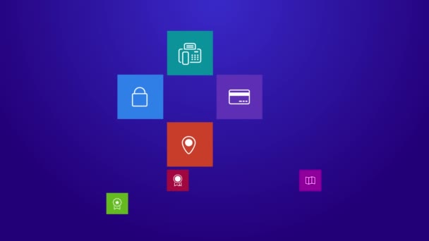 新潮计算机或移动应用程序的应用程序程序动画平商业和办公室管理工具图标在 4k 多彩几何方块窗口背景的超高清 — 图库视频影像