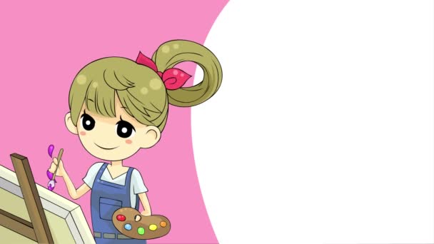 Cartoon-Animation Hintergrund eines Mädchens Künstler Malerei Aquarell Kunstwerk mit Pinsel und Palette mit bunten abstrakten Effekt, die kreative Kunstausbildung in der Schule oder Website in 4k ultra hd