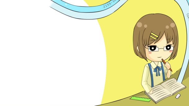 Modèle d'arrière-plan d'animation de bande dessinée d'une écolière faisant des calculs mathématiques avec effet fantaisie et icône de formule de mathématiques pour les enfants éducation présentation médias en 4k ultra HD — Video
