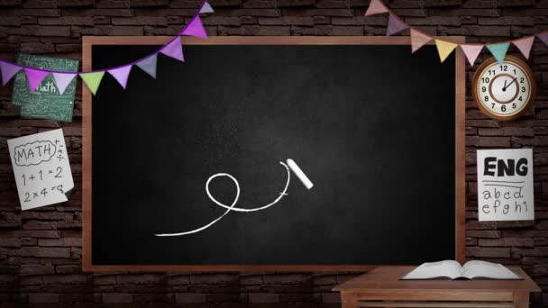 Animation of creative school blackboard background. School blackboard with classroom interior design. With stationary and education decoration board. In school and creative education concept in 4k hd. — Stockvideo