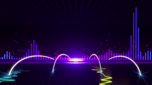 Animación abstracta inconsútil 3D del pulso del gráfico de vibración o sismógrafo con ecualizador de onda de sonido musical en el fondo de trama cuadrada geométrica 3d . — Vídeo de stock