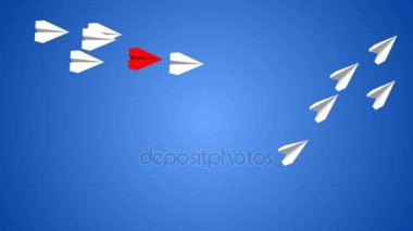 Kesintisiz çizgi film animasyon grubunda lider olarak kırmızı acil uçağı ile uçan kağıt uçak. Posta'da, sosyal medya, internet veya telekomünikasyon teslimat sistemi kavramı 4 k döngü. 