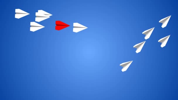 Naadloze cartoon-animatie van papieren vliegtuigje vliegend in groep met rode dringende vliegtuig als leider. In mail, sociale media, internet- of telecommunicatie uitvoeringssysteem concept in 4k lus. — Stockvideo