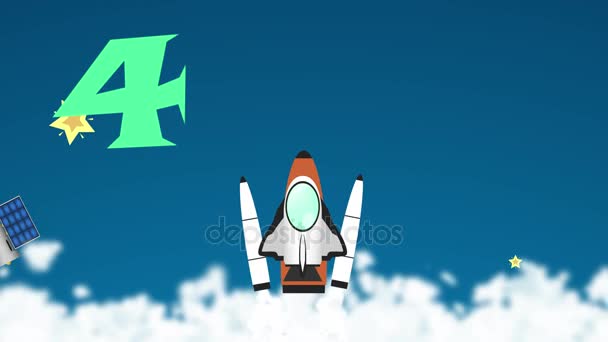 Animation cartoon rocket count down introduction for children and kid astronomy education. A rocket takeoff from earth into space and young astronauts floating out for exploration in space station. — Stock Video