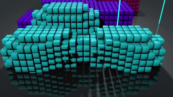 3D abstract animation of colorful geometric square block polygon moving and bouncing in a wave form with light beam shooting used for background and music equalizer concept in 4k — Stock Video