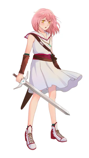 Originele Rpg gamed karakter of strip van fantasie vrouwelijke meisje krijger geïsoleerde Japanse anime manga stijl — Stockfoto