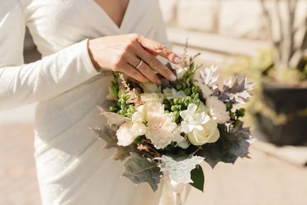 Bridal Bouquet White Pink Creame Colors Hands Bride Wedding Day — Stock Photo, Image