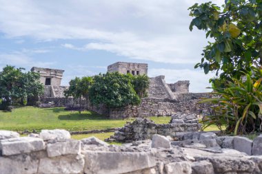 Ruins of ancient Tulum. Architecture of ancient maya. View with temple and other old buildings, houses. Blue sky and lush greenery of nature. travel photo. Wallpaper or background. Yucatan. Mexico.