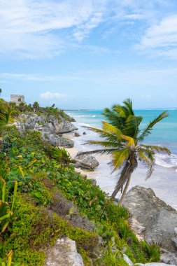 Ruins of ancient Tulum. Architecture of ancient maya. View with sea. Blue sky and lush greenery of nature. travel photo. Wallpaper or background. Yucatan. Mexico.