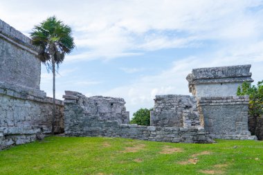 Ruins of ancient Tulum. Architecture of ancient maya. View with temple and other old buildings, houses. Blue sky and lush greenery of nature. travel photo. Wallpaper or background. Yucatan. Mexico.