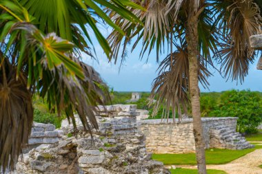 Ruins of ancient Tulum. Architecture of ancient maya. View with temple and other old buildings, houses. Blue sky and lush greenery of nature. travel photo. Wallpaper or background. Yucatan. Mexico.