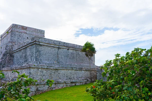 Ruins of ancient Tulum. Architecture of ancient maya. View with temple and other old buildings, houses. Blue sky and lush greenery of nature. travel photo. Wallpaper or background. Yucatan. Mexico.