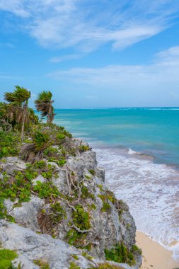 Tulum yakınlarındaki Karayipler kıyısında. Turkuaz deniz ve mavi gökyüzü. Doğada kayalar ve bitkiler. Seyahat fotoğrafı, arka plan. Yucatan. Quintana Roo. Meksika.