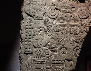 Büyük Tapınak 'ta (Templo Mayor) antik Aztek heykelinin bir parçası. Amerikan yerlilerinin kültürü. Seyahat fotoğrafı. Meksika Şehri
