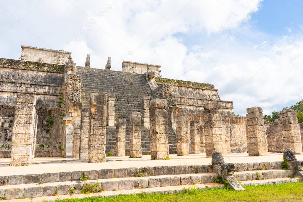 The Temple of the Warriors (Templo de los Guerreros) complex. Chichen Itza archaeological site. Architecture of ancient maya civilization. Travel photo or wallpaper. Yucatan. Mexico.