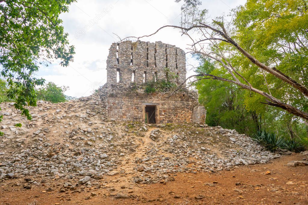 The ruined El Mirador temple in Sayil Maya archaeological site. Yucatan. Mexico.