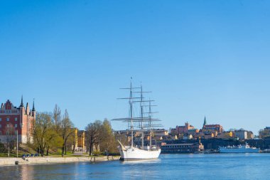 Sodermalm (merkez bölge) manzarası. İsveç 'in Stockholm başkenti. Lakeside Panorama. Seyahat fotoğrafı..