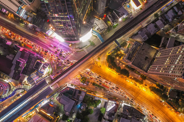 Aerial view of Asoke intersection and sky train station in Bangkok Thailand