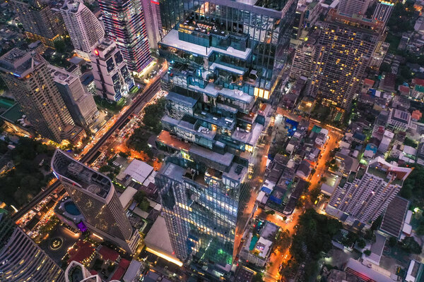 Aerial view of Sathorn district, Chong Nonsi, King Power Mahanakhon tower and skywalk in Bangkok, Thailand, South East Asia