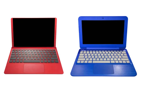 Laptop vermelho e azul isolado no fundo branco — Fotografia de Stock