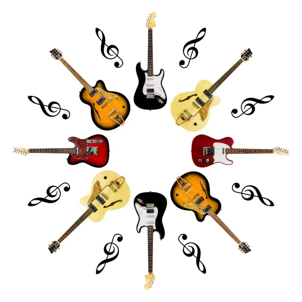 E-Gitarren mit Notenschlüssel isoliert auf weißem Hintergrund — Stockfoto