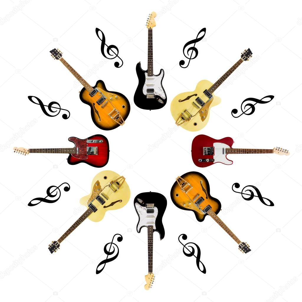 electric guitars with treble clef isolated on white background