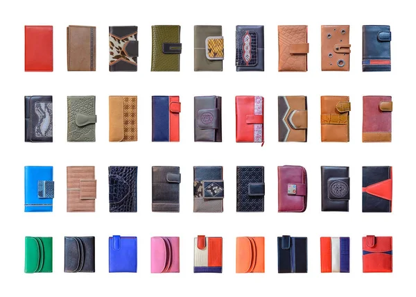 하얀 배경에 고립되어 있는 여러 가지 색깔의 가죽 지갑들의 세트 — 스톡 사진