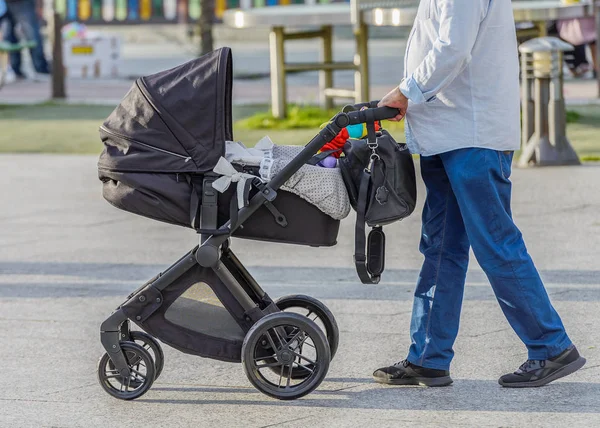 Homem com um carrinho de bebê em uma caminhada — Fotografia de Stock