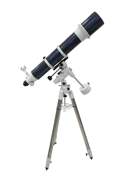 Синий телескоп на штативе, изолированном на белом фоне — стоковое фото