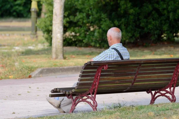 Homem idoso sentado no banco no parque fotografado de volta — Fotografia de Stock