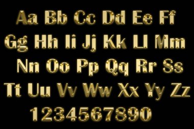 siyah bir zemin üzerine altın harflerle 3D alfabesi