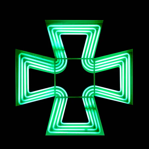 Πράσινη Σταυρός Σύμβολο Φαρμακείο Που Απομονώνονται Μαύρο Φόντο — Φωτογραφία Αρχείου