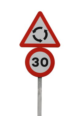 yol işareti döngüsel trafik kavşak ve hız sınırı beyaz arka plan üzerinde izole
