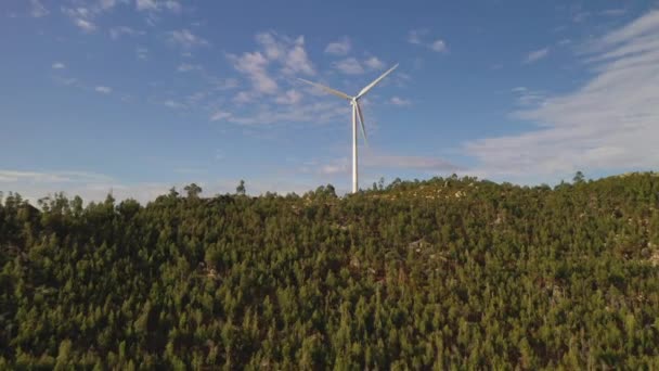 Aerogeneradores Cima Una Montaña Cubierta Bosque — Vídeos de Stock